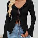 ZESICA Womens 2026 Fall Tie Front Bow Cardigan Sweaters Long Bell Sleeve V Neck Ruffled Knit Cropped Trendy Tops (Small, Black)