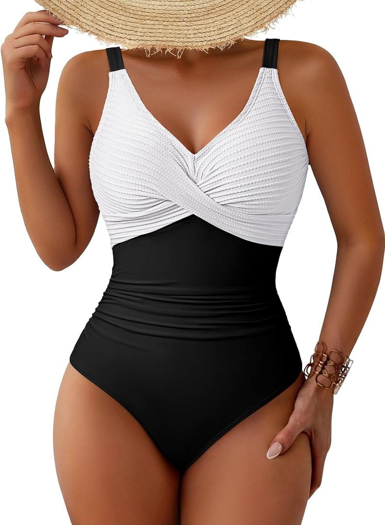 Pink Queen Women One Piece Swimsuit 2026 Patchwork Twist Front V Neck Ruched Tummy Control Swimwear Bathing Suits, Large