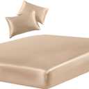 SiinvdaBZX 3-Piece Set Satin Queen Fitted Sheet & 2 Pillowcase, Beige Silky Soft Fitted Bottom Sheet, Wrinkle Free, Fade Resistant, Deep Pocket Bed Sheet (Deep Up to 15")