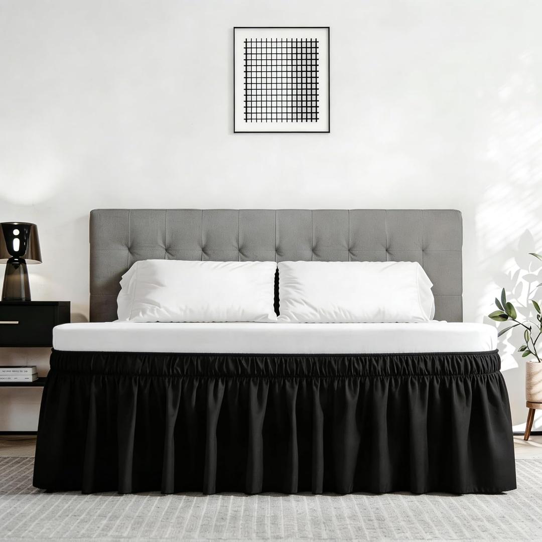 Vocander Wrap Around Black Twin Size Bed Skirt 14 Inch Drop, Elastic Dust Ruffle Easy to Put On, Solid Bedskirt Polyester Fabric Machine Washable Dryable and Ironable