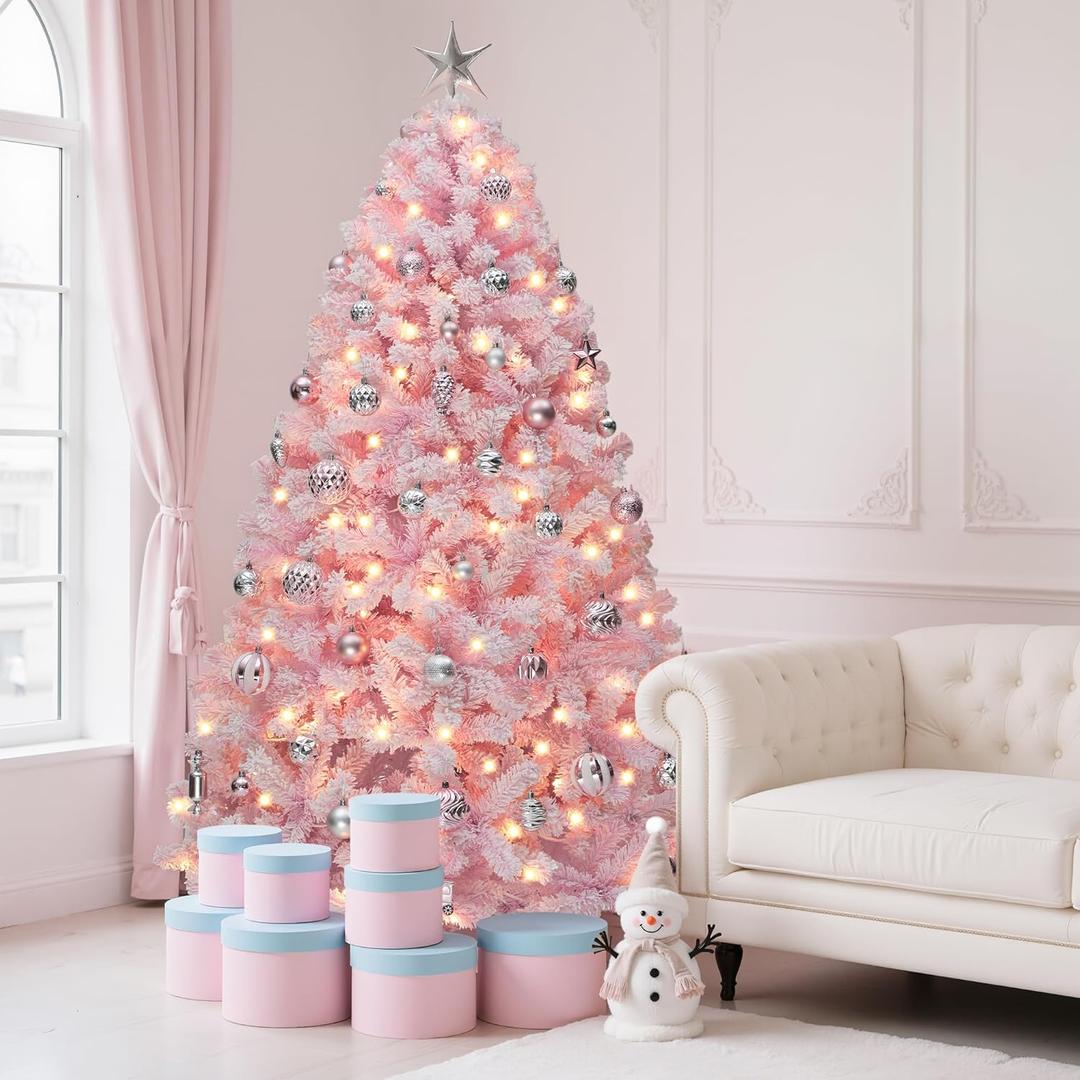 YITAHOME 7.5 FT Prelit Pink Flocked Christmas Tree, Pre-Lit Pink Spruce Artificial Christmas Tree with 1346 PVC Flocked Tips and 550 Warm-White Lights for Home, Office Decoration