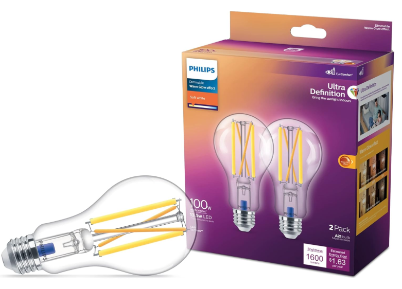 PHILIPS LED Flicker-Free Clear Dimmable A21 Light Bulb - EyeComfort Technology - 1600 Lumen – Soft White (2700K) – 13.5W=100W - E26 Base - Title 20 Certified - Ultra Definition - Indoor - 2-Pack