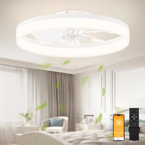 VOLISUN Low Profile Ceiling Fans with Lights and Remote, 23.6in Flush Mount Ceiling Fans with Light, 3000K-6500K Dimmable Fandelier LED Fan Light, Bladeless Ceiling Fan with Lights for Bedroom(White)