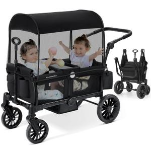 ELEMARA Foldable Wagon Stroller, Stroller Wagon for 2 Kids, Premium All Terrain Wagon for Kids with Removable Canopy, Adjustable Push/Pull Handle, Harnesses, Large Storage Bag, Black