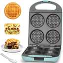 Baker's Friend Multi Stuffed Waffle Maker Thick, 4-Slice with 1.2'' Thick & 4'' Dia, Belgian Mini Waffle Maker Flip, Nonstick Breakfast Sandwich Maker, Stuffed Waffle Iron, Aqua