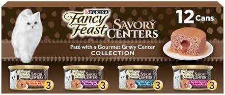 Purina Fancy Feast Savory Centers Wet Cat Food Pate Variety Pack With Chicken, Salmon, Beef, and Tuna Pate with Gravy Center - (2 Packs of 12) 3 oz. Pull-Top Cans - BB NOV2026