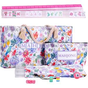 American Mahjong Set with160 Engraved Tiles(Floral), 4 Clear Racks with Pushers, Mahjong Bag and Accessories, Mahjong Tile Set for Beginners, Large Bag