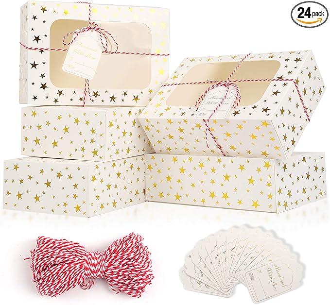 24 PCS Christmas Cookie Boxes for Gift Giving, 9x6x3 Golden Star Christmas Treat Boxes with Window, Auto-Up Holiday Cookie Boxes,Baking Goods Packaging Box for Desserts, Mini Cake, Donuts