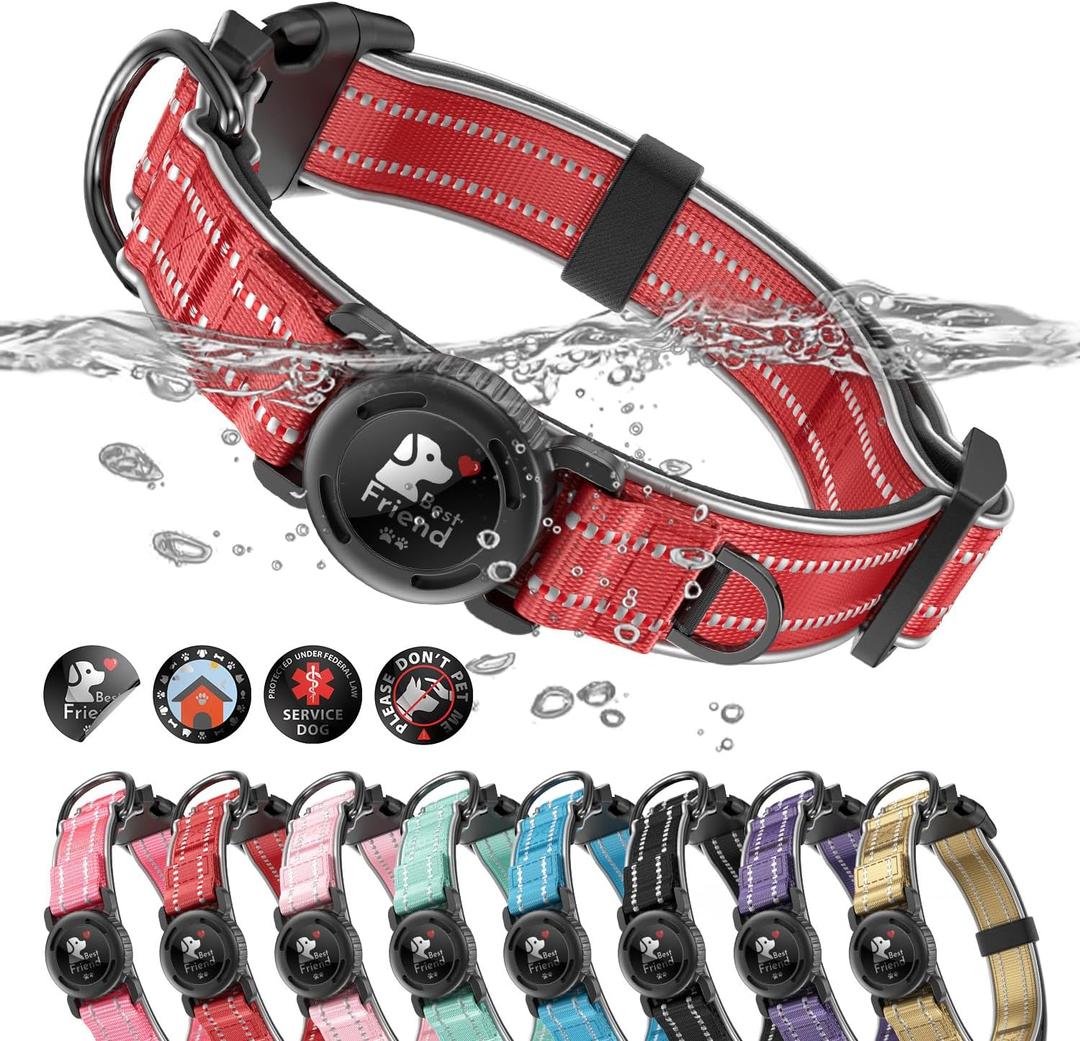 Upgrade Airtag Dog Collar,with IPX8 Waterproof AirTag Holder | Reflective Ultra-Durable | Soft Padded | Lock Buckle | Heavy Duty | Red S(12"-15")