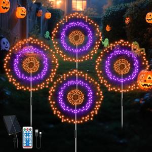 4 Pack Solar Halloween Firework Lights Outdoor Waterproof, 8 Modes Orange & Purple Black Spooky Solar Garden Lights with Timer Remote for Outside Yard Patio Pathway Lawn Halloween Decor