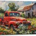 Farmhouse Canvas Wall Art Old Barn Red Truck Pictures Watercolor Wildflower Landscape Painting Framed Artwork for Living Room Bedroom Decor(Artwork-1,12"x18")