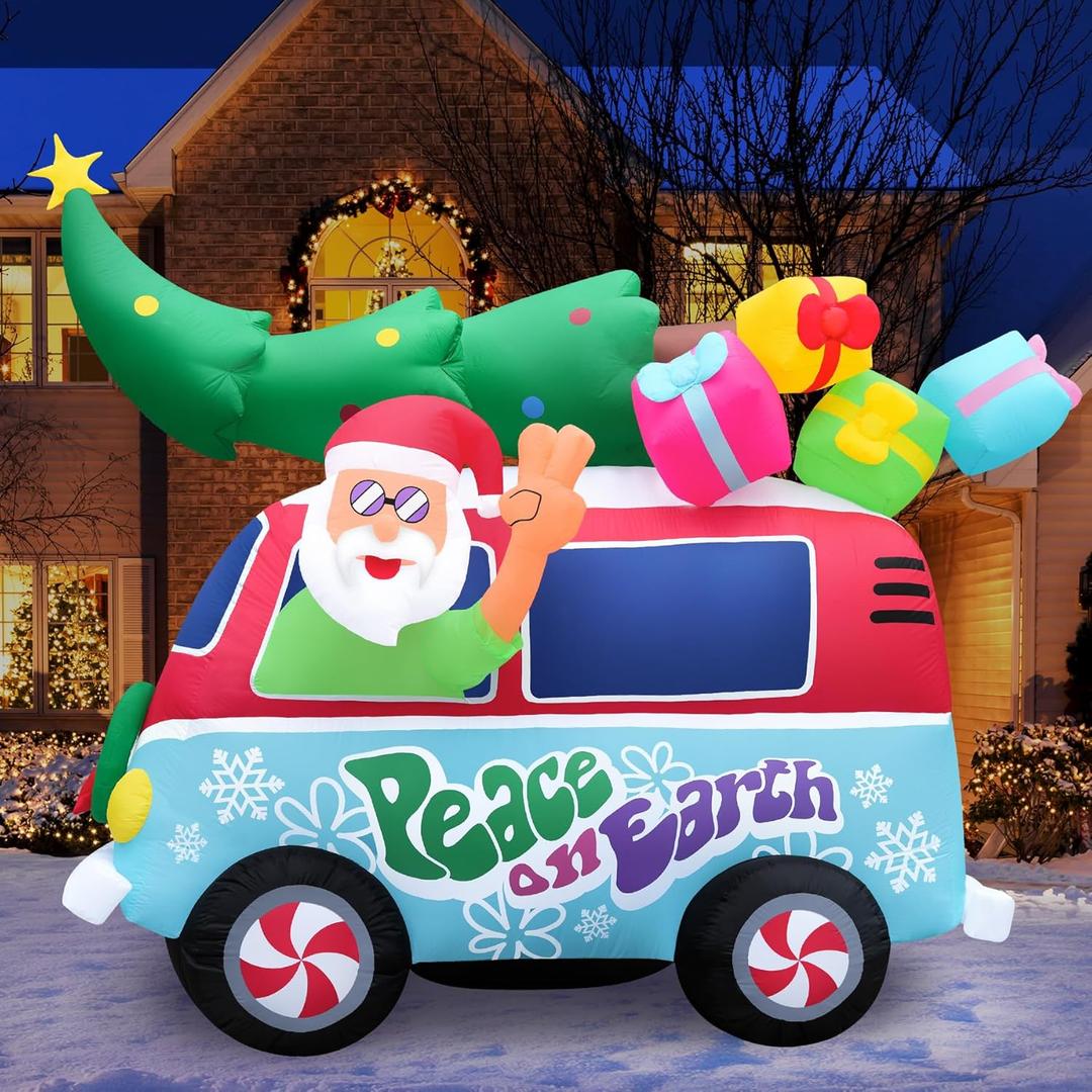 Holidayana Christmas Inflatables Large 8ft Tall Santa Hippie Van - Inflatable Outdoor Christmas Decorations Blow Up X-mas Decorations for Yard, Lawn & Garden Internal Lights & Built-in Fan