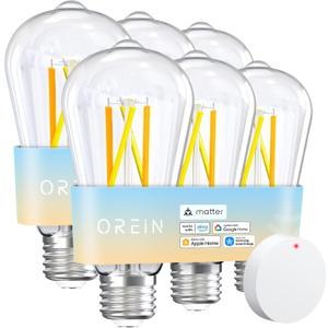 OREiN Matter Smart Light Bulb, ST19(58) Smart Edison Bulbs with Remote Control Work with Apple Home, Alexa, Google Home, SmartThings, 800lm 2700K-6500K Smart Filament Bulb E26 Base 6Pack