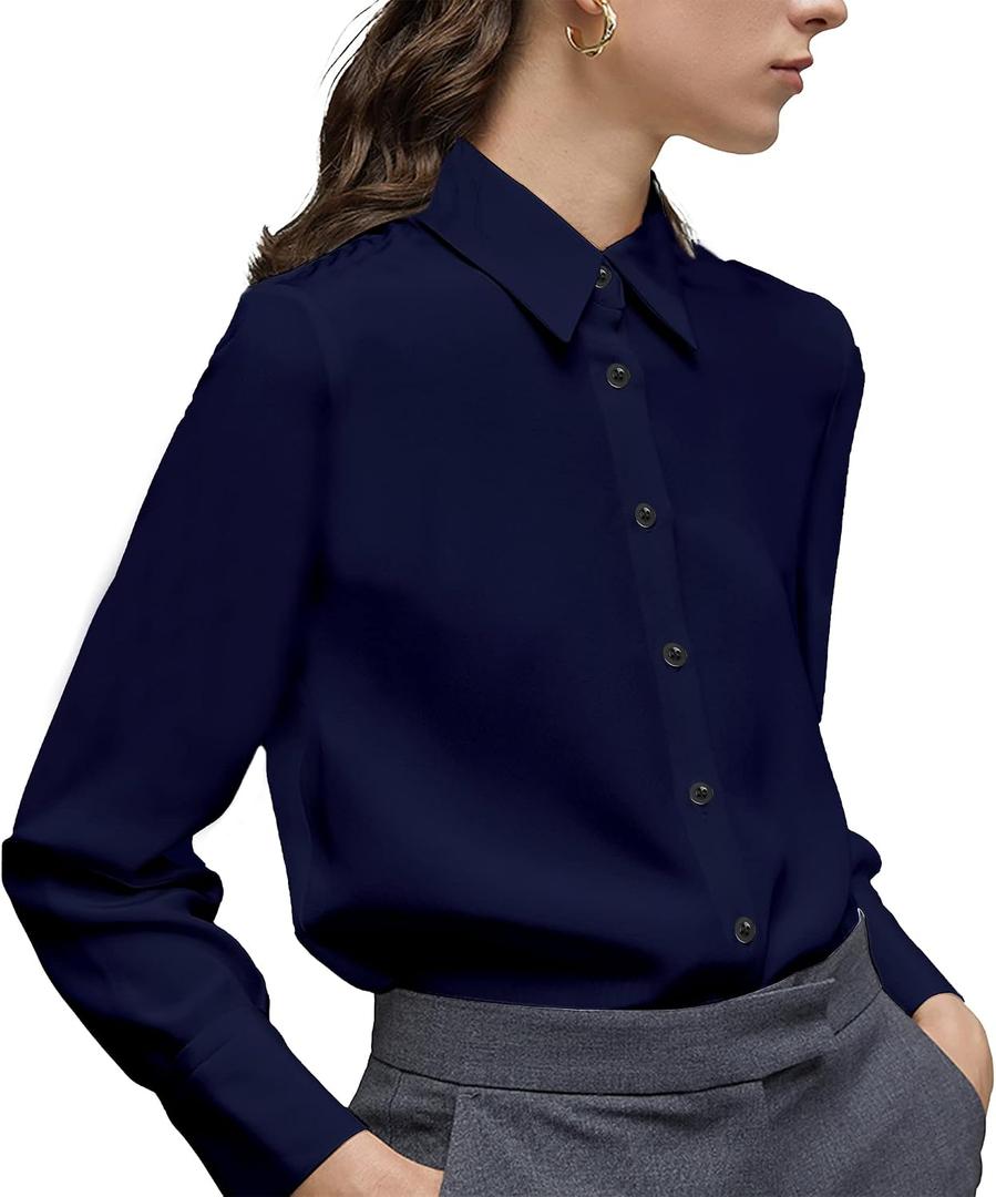 Women's Button Down Shirt Classic Long Sleeve Collared Tops Work Office Chiffon Blouse (Blue, L)