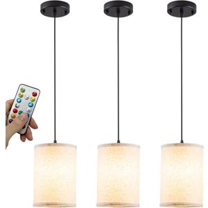 Battery Operated Pendant Light with Remote,Fabric Pendant Lights Kitchen Island 3 Pack No Hardwired,Cordless Hanging Lights for Living Room with 50hrs+Long Life Rechargeable Light Bulbs