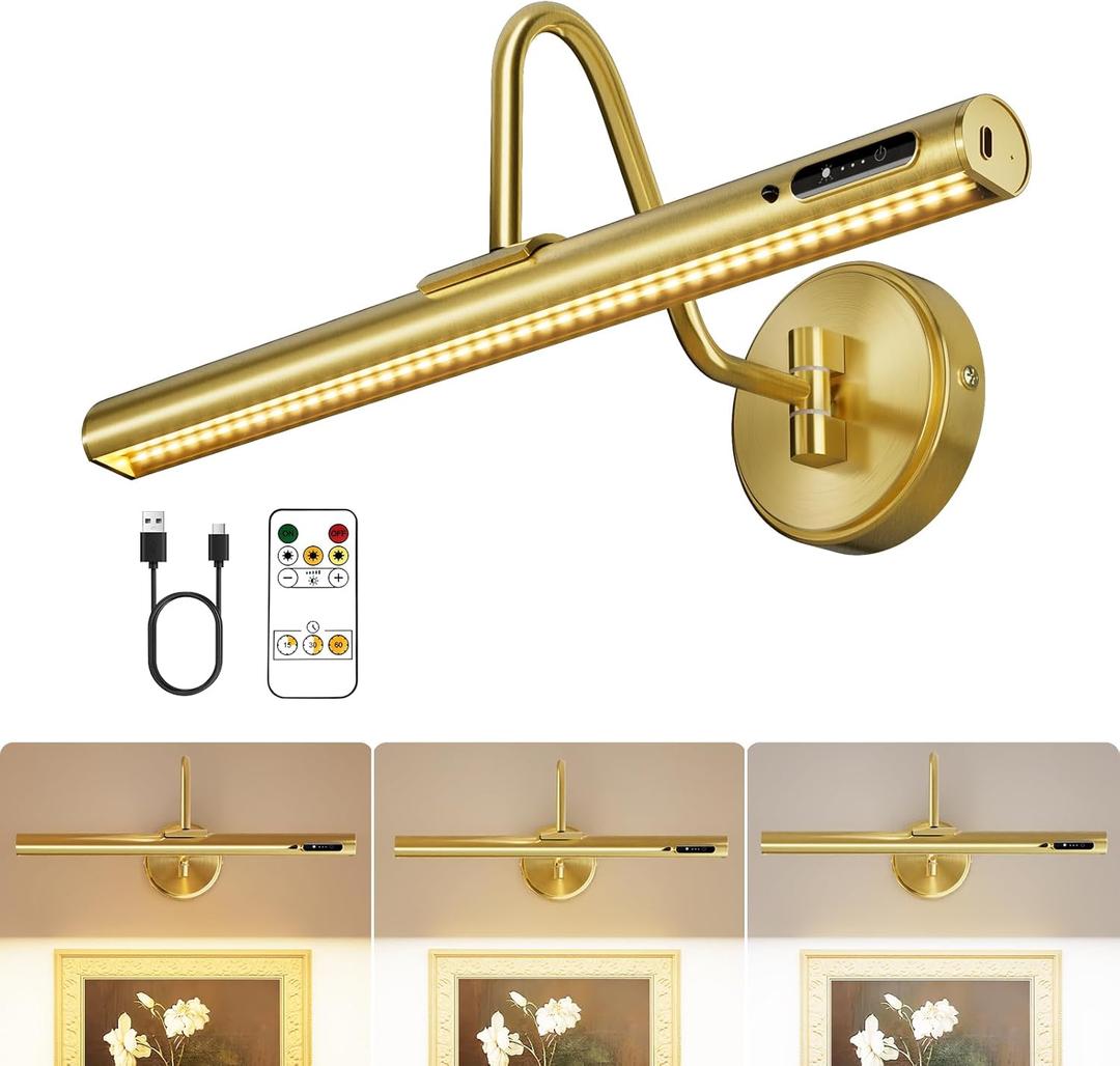 VOLISUN Picture Lights for Wall, 15.7'' Rechargeable Picture Light Battery Operated, 3 Color Temps Cordless Picture Light with Remote, Magnetic Art Light for Painting, Gallery, Portrait, 1 Pack(Brass)