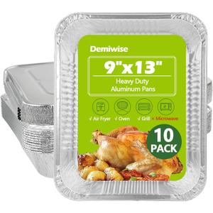 Demiwise Thickened 10 Pack Heavy Duty Aluminum Pans with Lids, 9x13 Aluminum Foil Pans Disposable, Half Size Steam Table Foil Baking Tray for Cooking, Baking, Roasting & Chafing, Carton Packaging