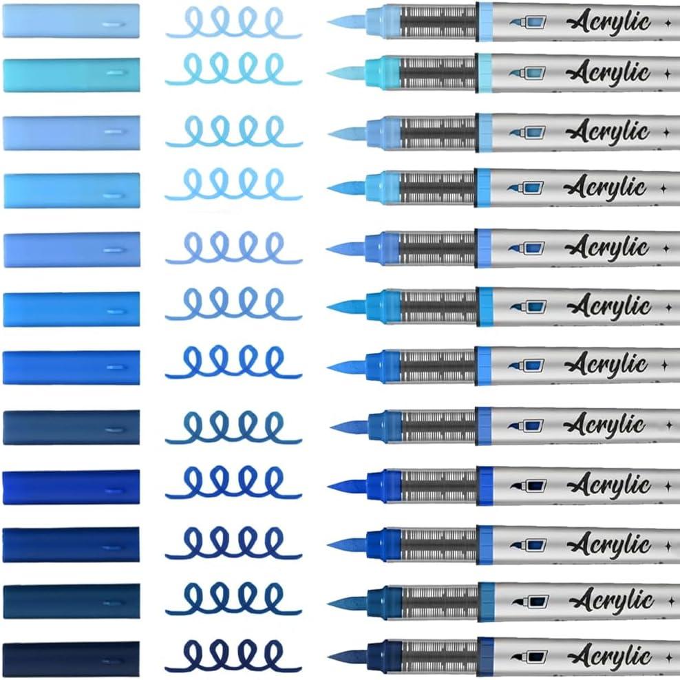Mifuner Acrylic Paint Pens Set,12Colors Soft Brush Tip Acrylic Paint Markers, Direct-Liquid Ink System,Colored Marker Pen for Rocks,Wood,Ceramic,Canvas, Eggs DIY Painting Art Supplies.Blue