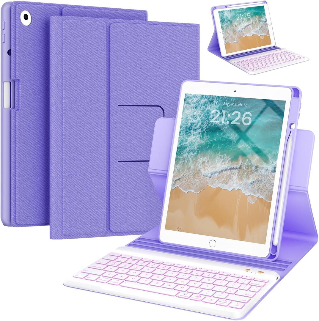 BLUTLOTUS Keyboard Case for iPad 9.7 inch 5th 6th Generation,360 Rotatable iPad Air 2 Keyboard Case with Pencil Holder(2018/2017/2014),7 Color Backlit Removable Bluetooth Smart Folio Cover(Purple)