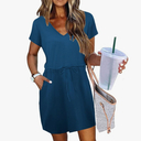 Dresses for Women 2025 Casual Midi Sun Dresses Short Sleeve A Line Tshirt Dress Beach Cover Ups Navy Blue Striped L
