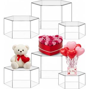 Jerify 6 Pcs Acrylic Risers Display Stands, 5.91'' 5.12'' 3.54'', Clear Hexagon Nesting Pedestal Shelf with Hollow Bottom for Tabletop Jewelry Display, 3 Sized