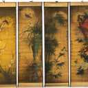 4-Piece Large Wall Scroll Hanging Painting Decor, Ancient Replica Vintage Flowers and Birds Paintings, Plum Orchid Bamboo Chrysanthemum Bird