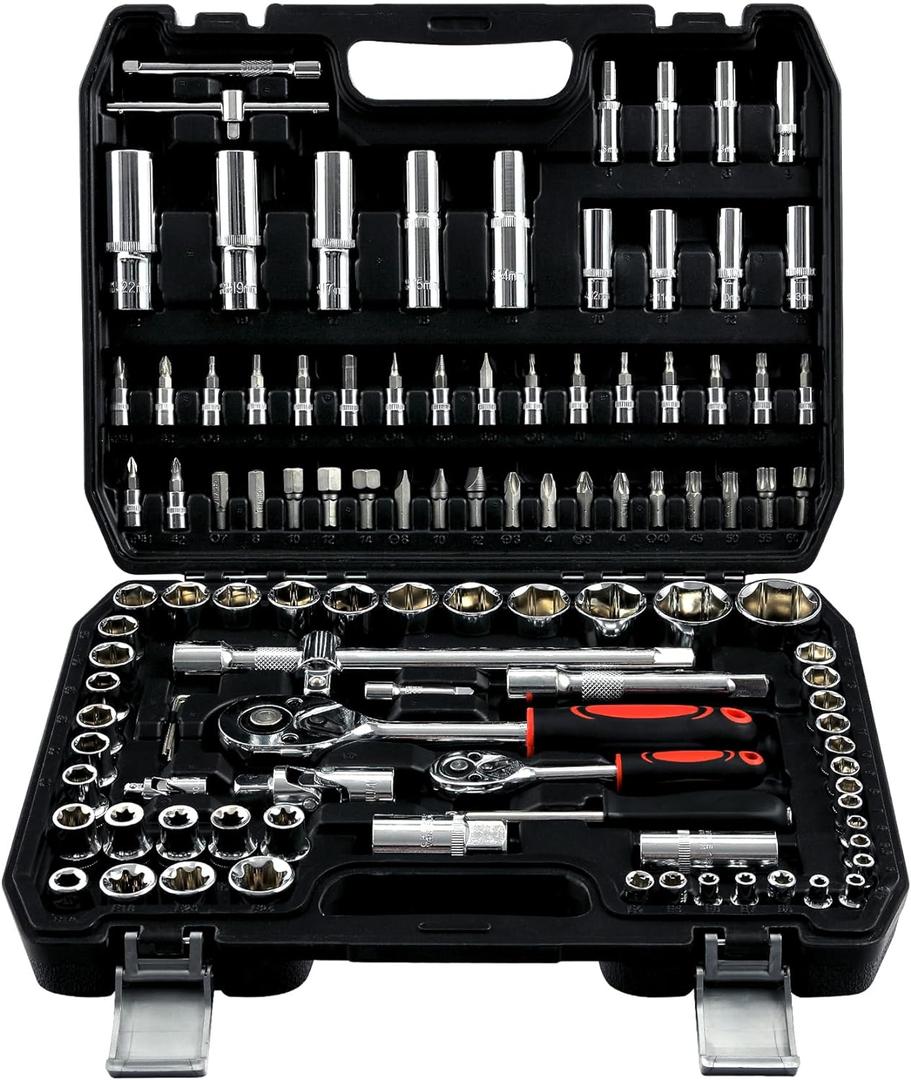 PIRIPARA 108 Piece Mechanics Tool Set Metric And Standard 1/4" & 1/2" Socket Set, Ratchet Set, Universal Joint, Extension Bars, Quick Release Reversible Ratchet Wrench, Plastic Toolbox Storage