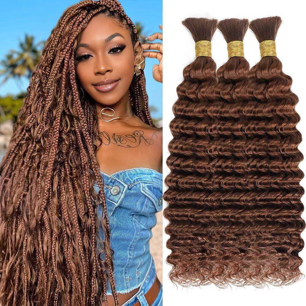 Kameinike #30 Brown Deep Wave Bulk Human Hair for Boho Braids, 3 Bundles/Pack 150g 22 Inch No Weft 12A Curly for Human Braiding Hair Extensions