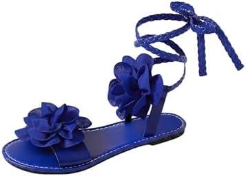GORGLITTER Women's 3d Flower Lace Up Sandals Floral Braided Open Toe Strappy Tie Up Beach Slide Shoes 2025 Blue Size 40