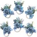 Meldel Dusty Blue Rose Wrist Corsage for Women, Set of 6, Wedding Bridal Corsage Hand Flower Decor for Prom Corsages Party Homecoming, Wristband Flowers for Bride Bridesmaid Girl Mother Wristlet Dcor