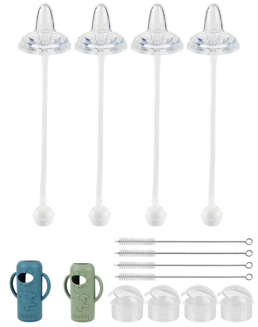 Sippy Cup Conversion Kit with Silicone Sleeves for Dr Browns Narrow and Narrow Glass Baby Bottle 8oz, Weighted Straw Replacement Kit with Soft Straw Top and Handle,4-Pack6m+