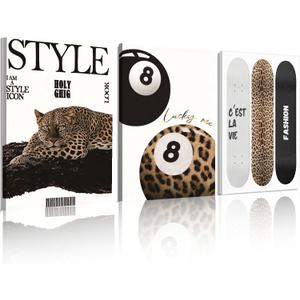 Black and White Leopard Wall Art Fashion Trendy Cheetah Lucky 8 Ball Skateboard Wall Decor Pictures Aesthetic Poster Preppy Aesthetic Painting Picture for Girls Bedroom Living Bathroom Home Decoration 24x16in