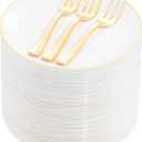 Festiva 200Pcs Gold Dessert Plates 6.3" with Forks 5"- Small Disposable Dessert/Cake/Appetizer Plates Plates- serve 100 guests include 100Plates 100Forks for Wedding Party&Easter&Birthday