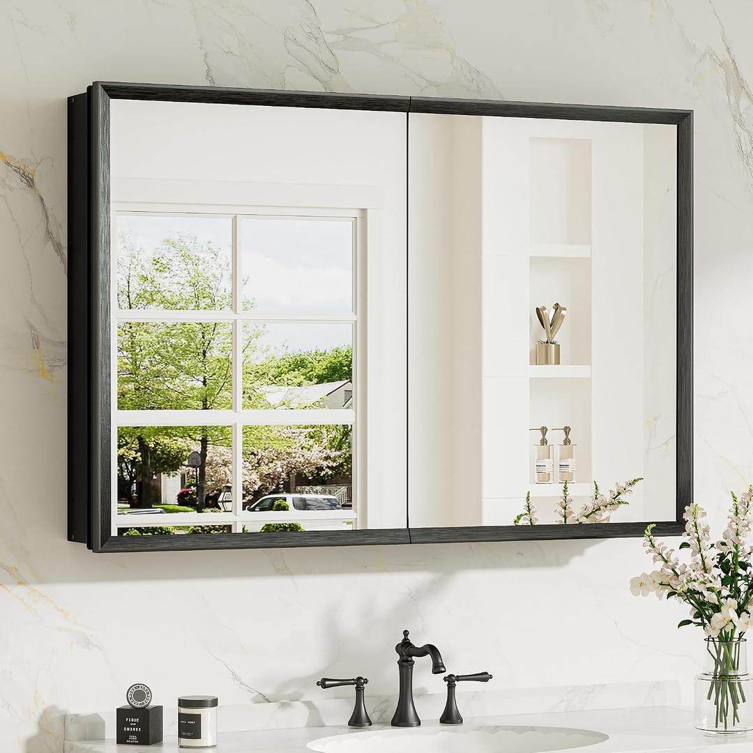 TokeShimi 36 x 24 Black Recessed Medicine Cabinets, Assembly Required, Bathroom Mirror Medicine Cabinet, Lightweight Aluminum Frame Stepless Adjustable Shelves, Tempered Glass