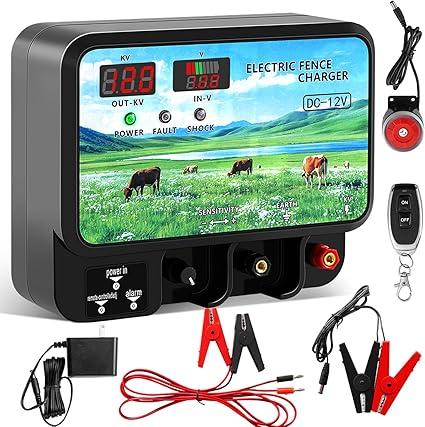 15.5 High Joule Electric Fence Charger, AC 110v-230v DC Multiple Powered, 15.5 Joule 600 Acres Electric Fence Energizer, Input 12V Output 12KV with Display and Alarm, Keep Out Predators
