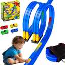 Flex Tracks 16.4 Ft Flexible Race Track for Kids 3+, Portable DIY Roll-Up Race Car Track Compatible with Diecast 1/64th Cars Stocking Stuffers Birthday Gifts for Boys Girls Ages 3 4 5 + (Blue)