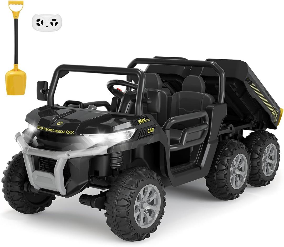 Hetoy 24V 2-Seater Ride On Dump Truck with Parent Remote Control, 4WD 6-Wheel Electric Car for Big Kids, UTV Style Dump Bed & Music Horn, ASTM/CPSIA Certified (Ages 3+) (Black)