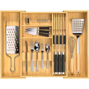 Bamboo Expandable Kitchen Drawer Organizer Adjustable Silverware Drawer Cutlery Tray and 5 Card Slots with Removable Knife Block Cutlery Silverware Flatware Holder for Gadgets Storage Divider