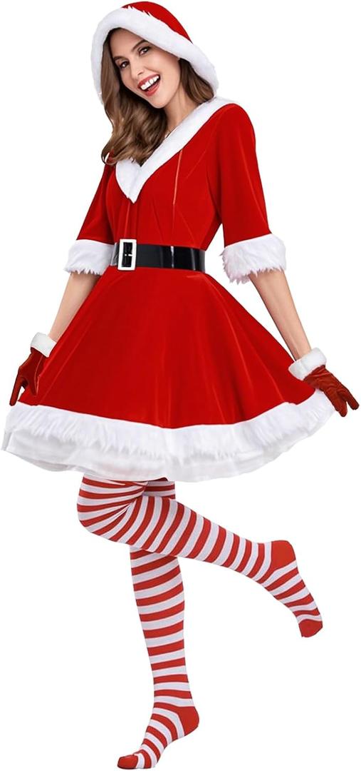 Mrs. Claus Dress Set for Women Velvet Hooded Christmas Santa Dress with Gloves High Socks Nightwear Mother Family Outfits (X-Large)
