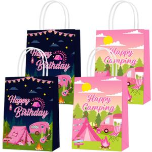16pcs Pink Camping Paper Gift Bags Camping Girl Camping Birthday Treat Bags with Handles Forest Bear Candy Goodie Bags for Baby Shower Party Supplies
