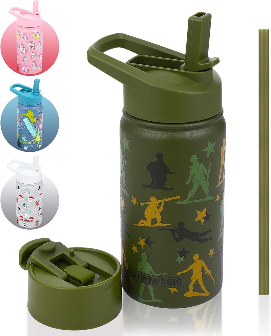 14 OZ Kids Water Bottle with Straw & 2 Lids (Flip & Spout) Leak Proof Metal Insulated Stainless Steel Reusable Tumbler for School & Sports Water Bottle - Green (Army)
