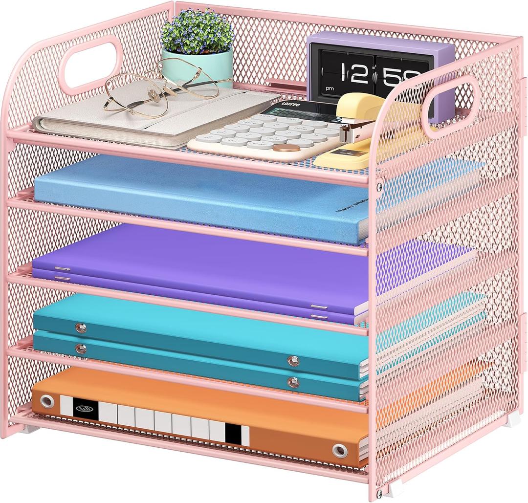 5 Tier Paper Organizer with Handle, Pink Metal Mesh Desk Organizer File Folder Paper Letter Tray Desktop Document Sorter for Classroom, School, Office Accessories Organization and Storage