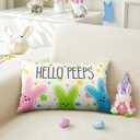 Easter Throw Pillow Covers 12x20 Inch Hello Peeps Bunny Decor Linen Cushion Case Decorations for Sofa Couch (Double Sided Printed)