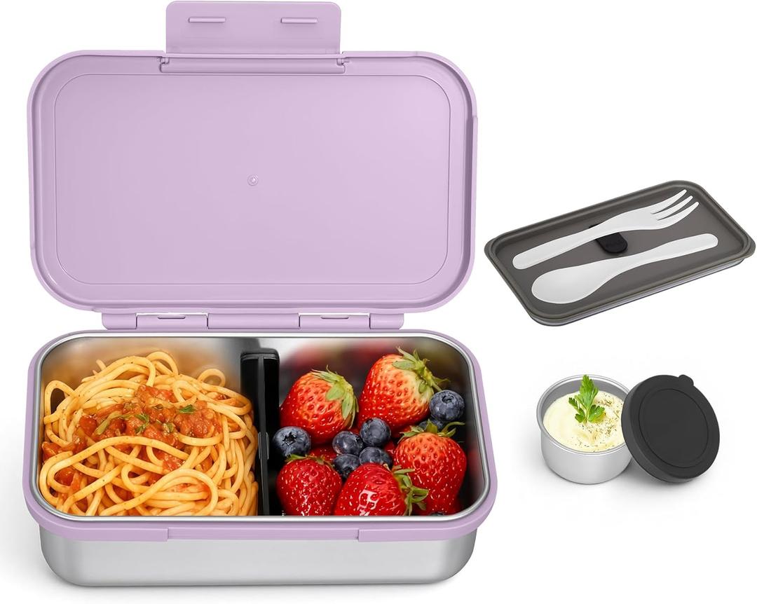 Stainless Steel Lunch Box, Leak-Proof Metal Bento Box with Adjustable Divider, Lunch Container for School Office Picnics & Travel, Microwave-Safe, Purple