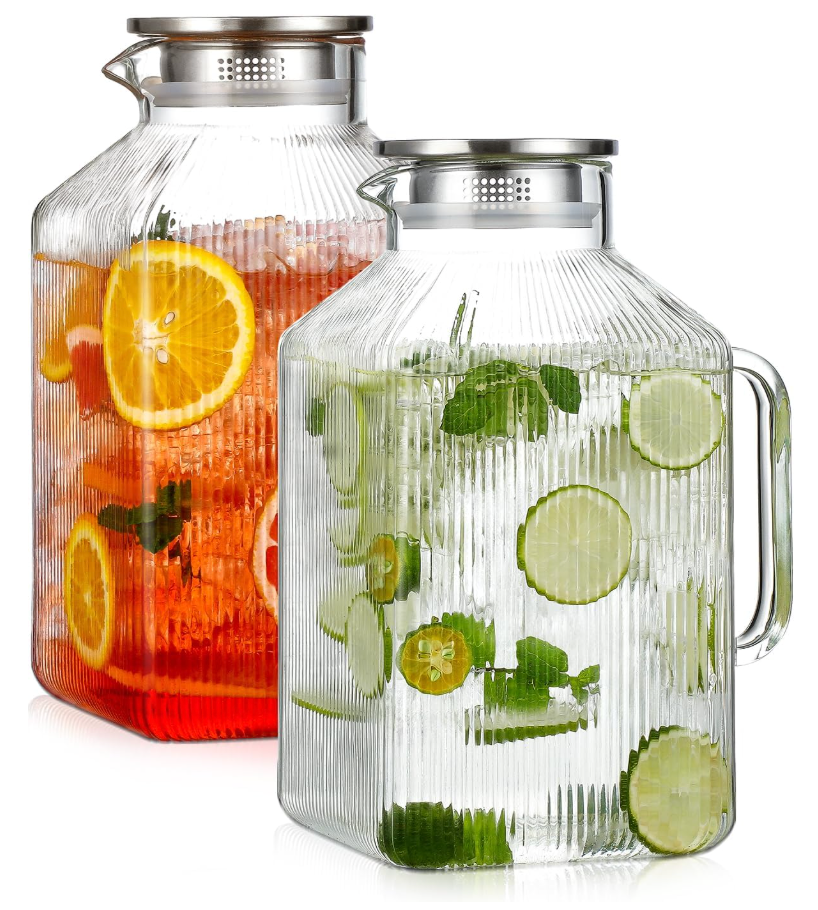 1 Gallon thickened Square Glass Pitcher with Lid, Classic Stripes Water Pitchers for Fridge, Borosilicate Glass Carafe for Hot/Cold Brew Drink, Extra Large Jug with Handle for Iced Tea, Coffee, Juice
