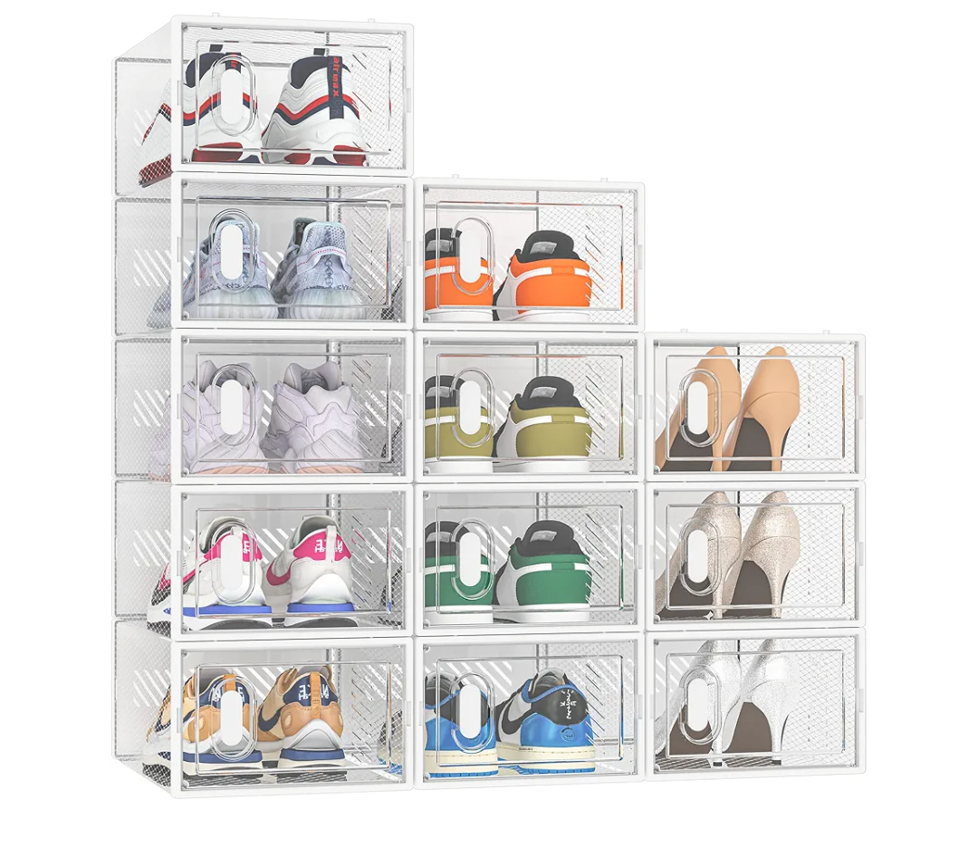 Shoe Storage, 12 Pack Shoe Organizer for Closet, Shoe Boxes Clear Plastic Stackable Shoe Containers with Lids for Size 10