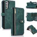 UEEBAI Case for Samsung Galaxy S22 Plus 5G, 9 Card Slots Retro Leather Wallet Shockproof Flip Cover with Hand Strap Card Slots Zipper Pocket Kickstand Handbag Magnetic Closure - Retro Green