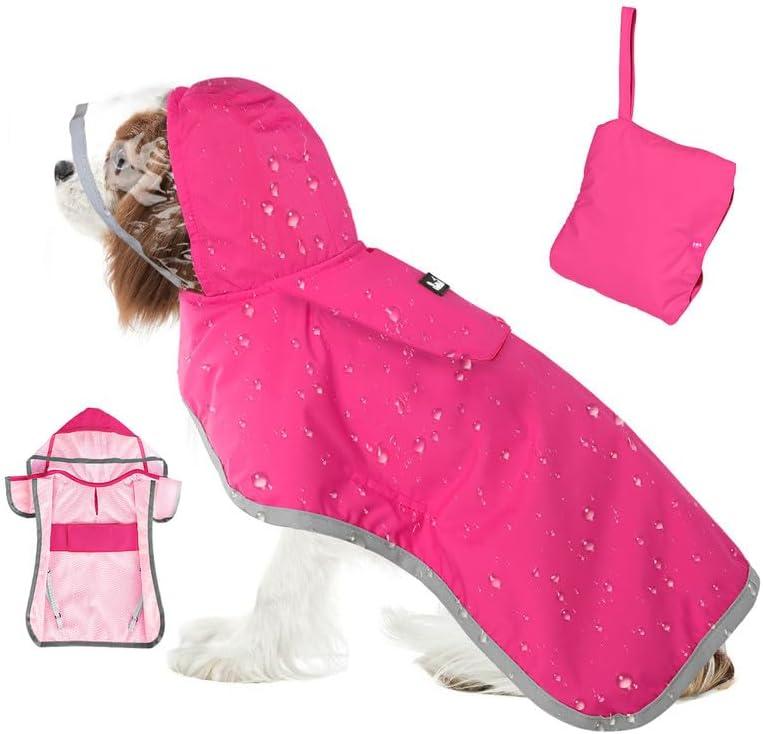 SlowTon Dog Raincoat, Adjustable Dog Rain Jacket Clear Hooded Double Layer, Waterproof Poncho with Reflective Strip Straps and Storage Pocket for Small Medium Large Dogs Puppies(FU M)