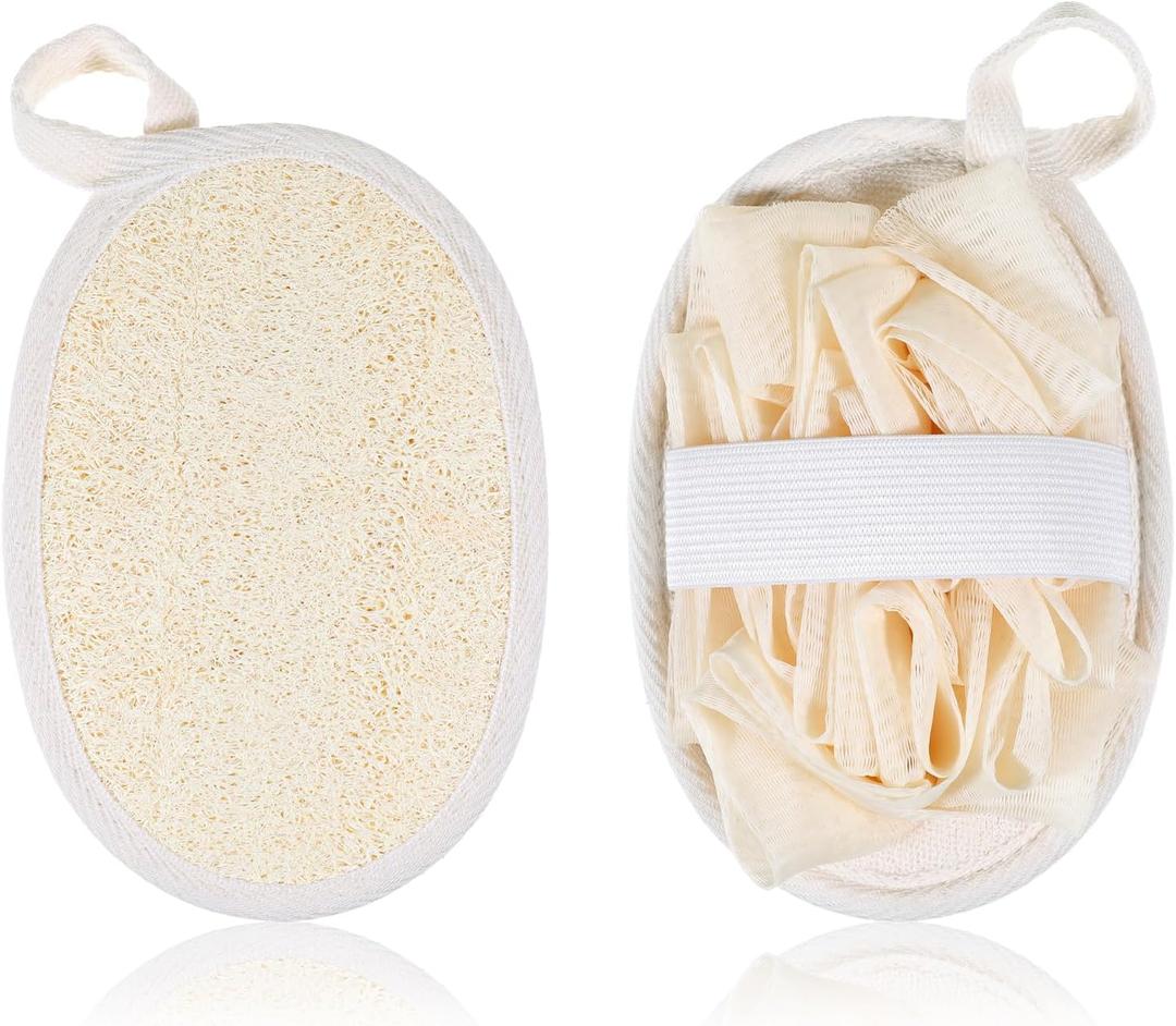 Jeffdad 2Pcs Natural Loofah Sponge, Premium Exfoliating Body Scrubber for Women & Men Ideal Shower Scrubber for Body Perfect for Exfoliation, Cleansing, and Gentle Skin Care(Beige)