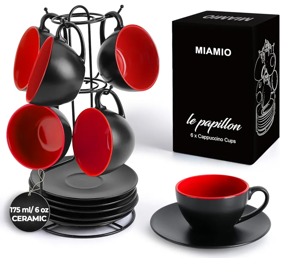 MIAMIO - Set of 6, Ceramic Stackable Cappuccino Cups Set / 6 Ounce Cappuccino Mugs and Saucer with Metal Stand for Coffee Drinks, Cafe, Latte, Americano and Tea - Le Papillon Collection (Red)